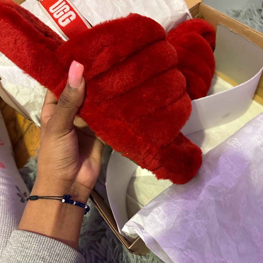 RED FLUFF YEAH UGG SLIPPERS